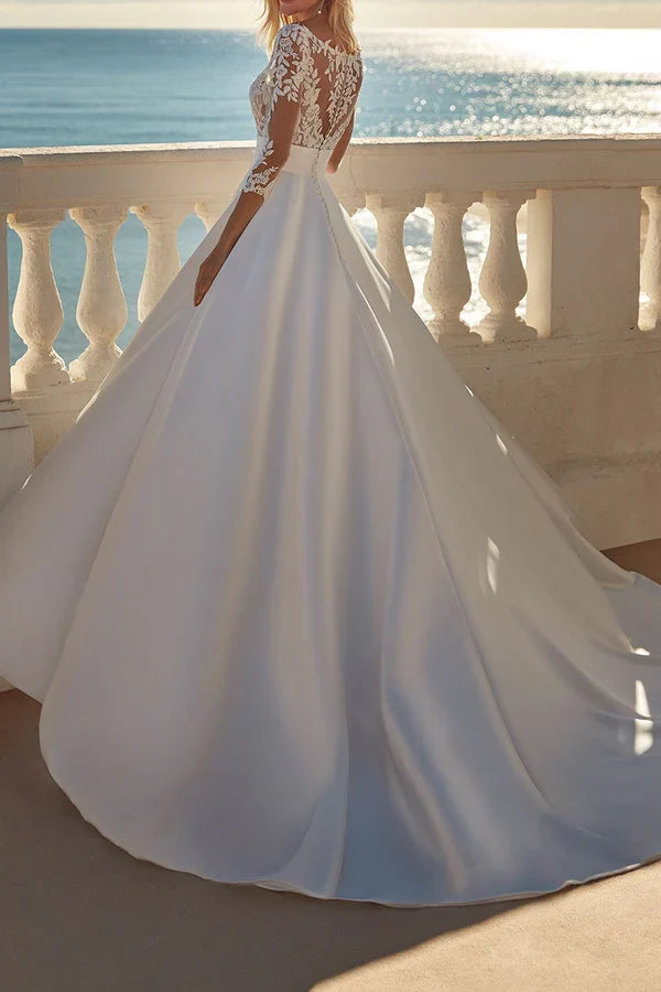 V-Neck Satin Three-Quarter Sleeve Wedding Dress - Chloe Dress
