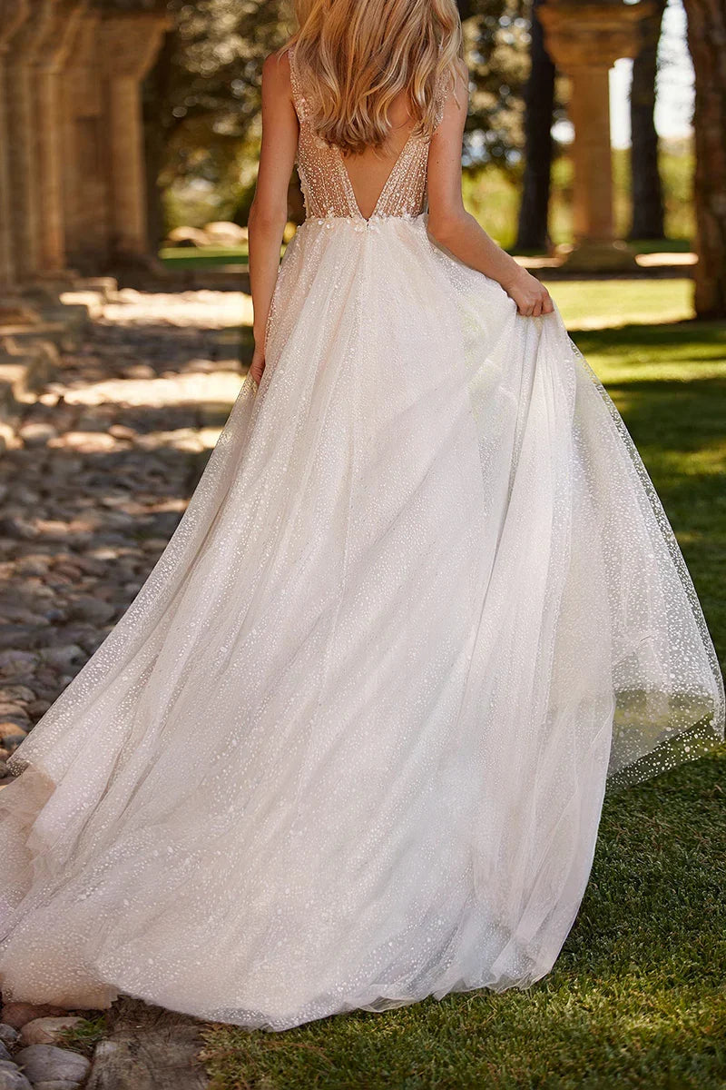 V-Neck High Slit Wedding Dress - Chloe Dress