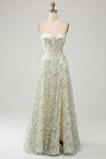 Sage Green Sweetheart Tulle Lace-Up Back High Slit Gown - Chloe Dress
