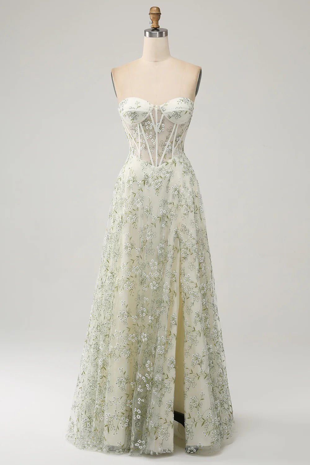 Sage Green Sweetheart Tulle Lace-Up Back High Slit Gown - Chloe Dress