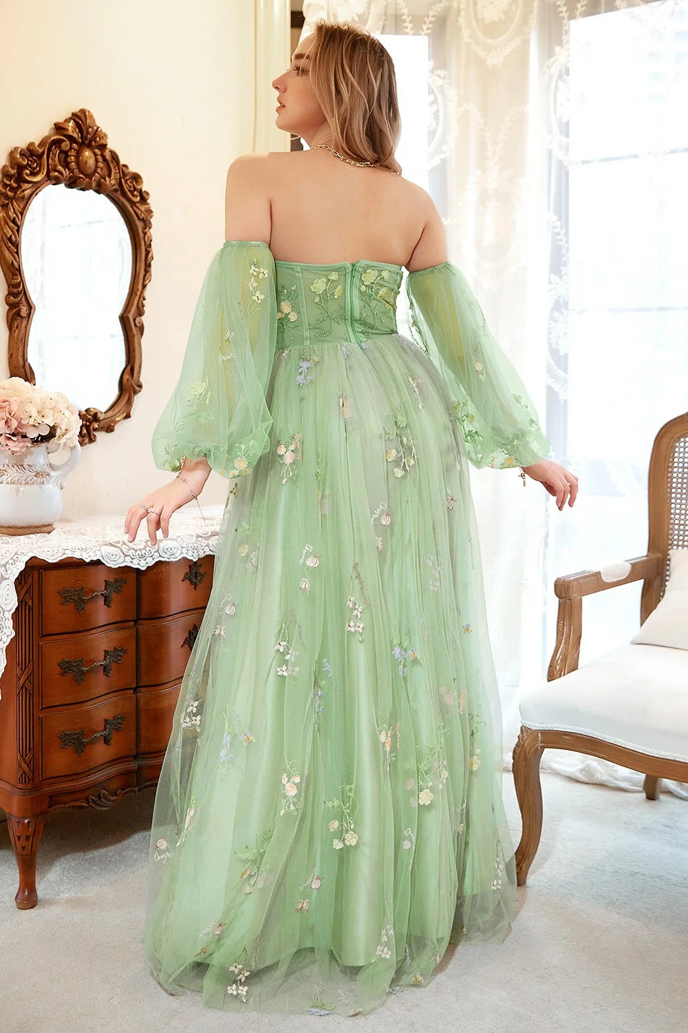 Sage Green Tulle Puff Sleeve Train Prom Gown - Chloe Dress