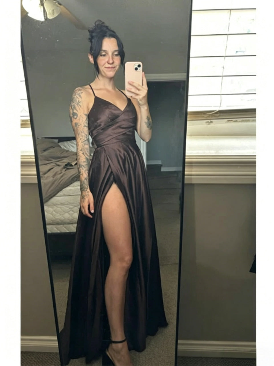 A-Line Spaghetti Strap Satin High Slit Floor-Length Evening Dress - Chloe Dress