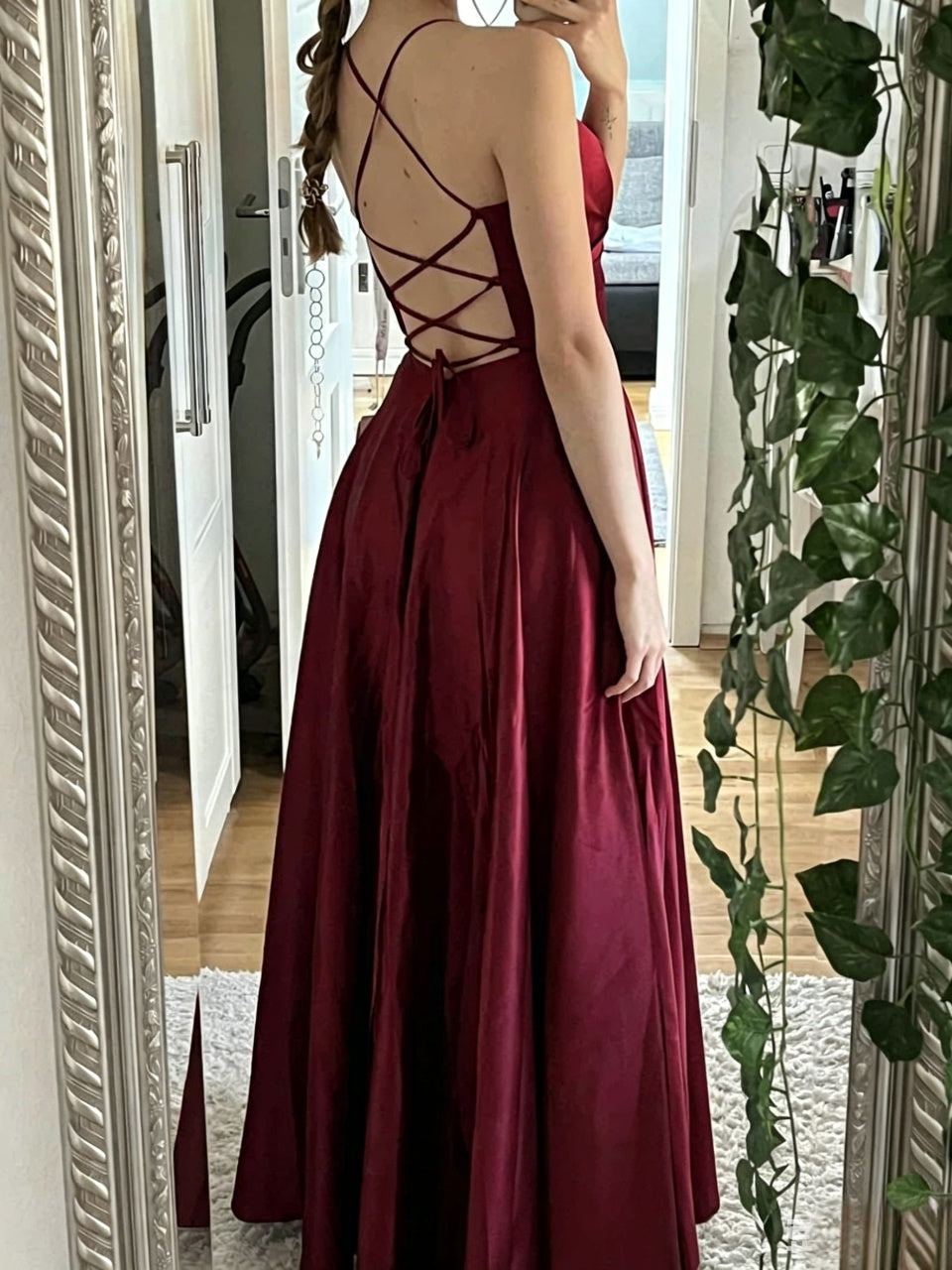A-Line Spaghetti Strap Satin High Slit Floor-Length Evening Dress - Chloe Dress