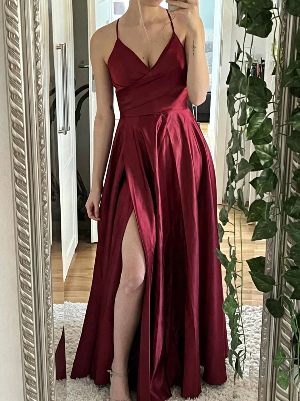 A-Line Spaghetti Strap Satin High Slit Floor-Length Evening Dress - Chloe Dress