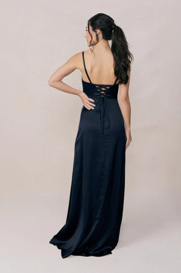 Spaghetti Strap Satin High Slit Wedding Dress - Chloe Dress
