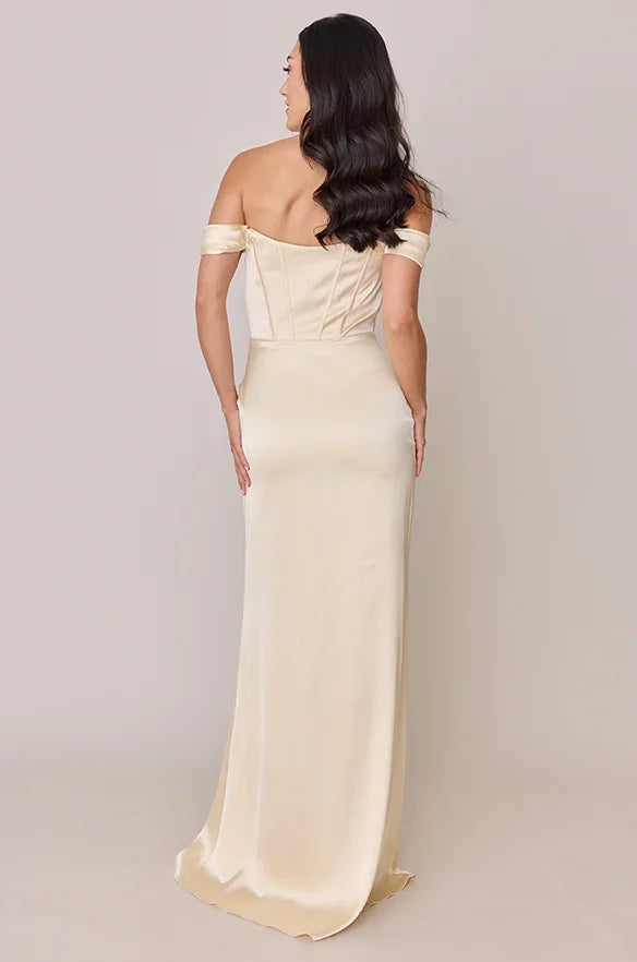 Sheath Off-Shoulder Satin Lace-Up Back High Slit Floor-Length Wedding Dress - Chloe Dress