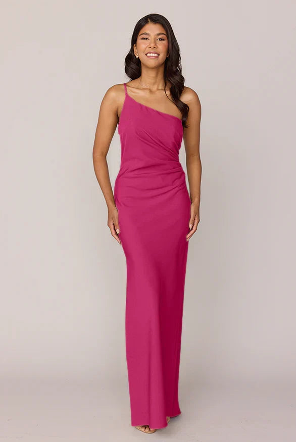 One-Shoulder Satin High Slit Wedding Gown - Chloe Dress