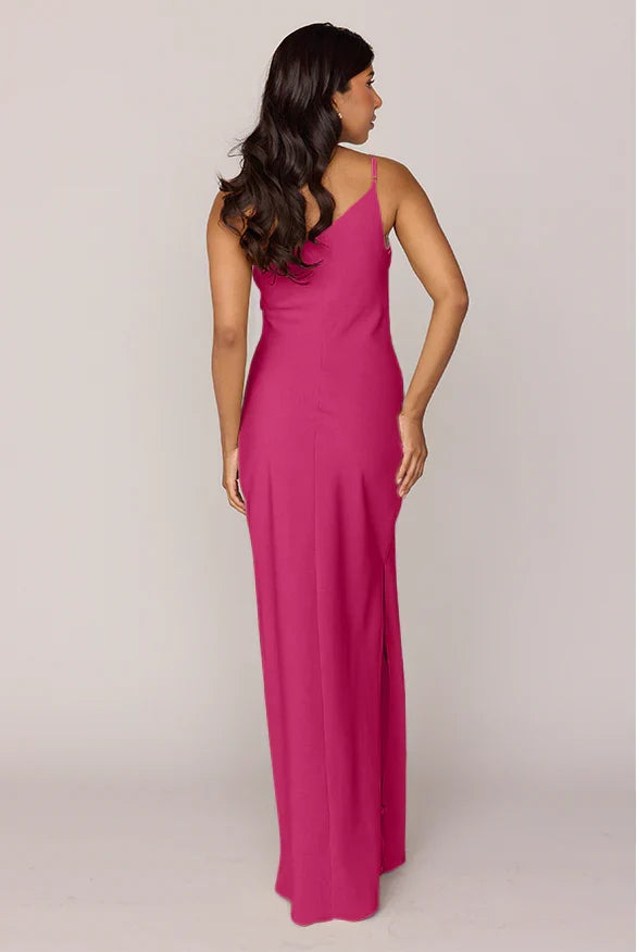 One-Shoulder Satin High Slit Wedding Gown - Chloe Dress