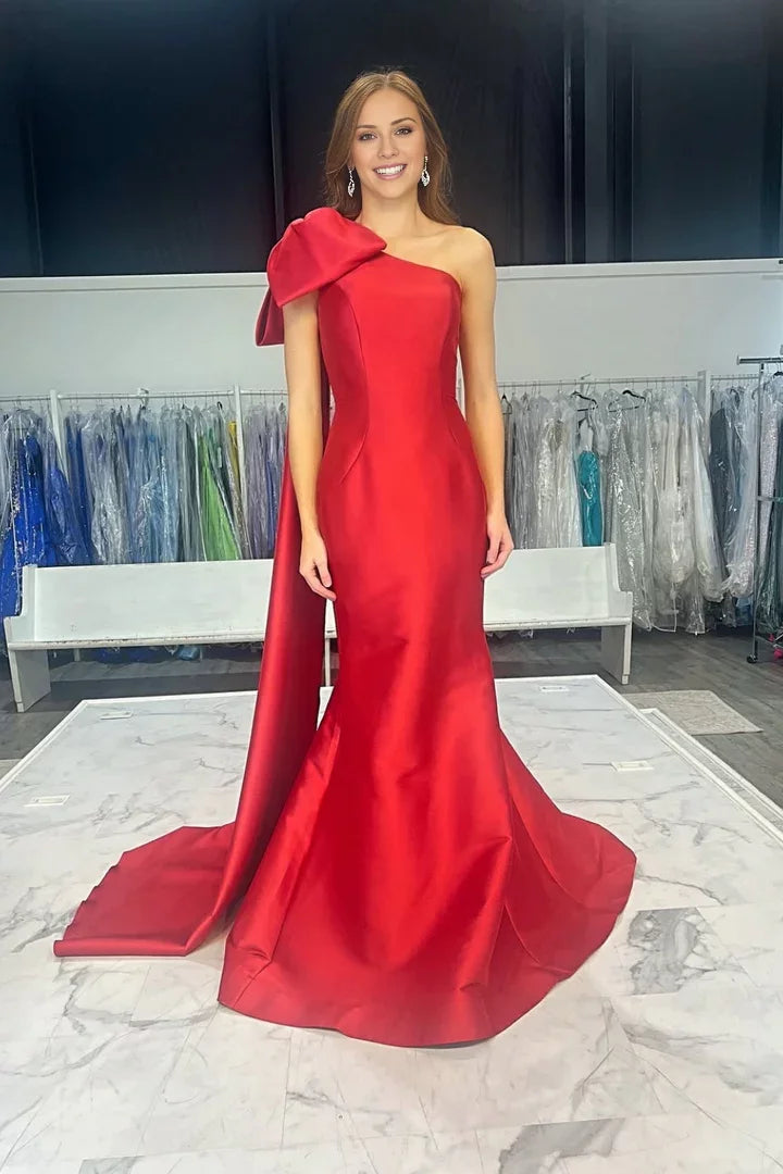 Red Mermaid One-Shoulder Satin Train Floor-Length Evening Dress - Chloe Dress