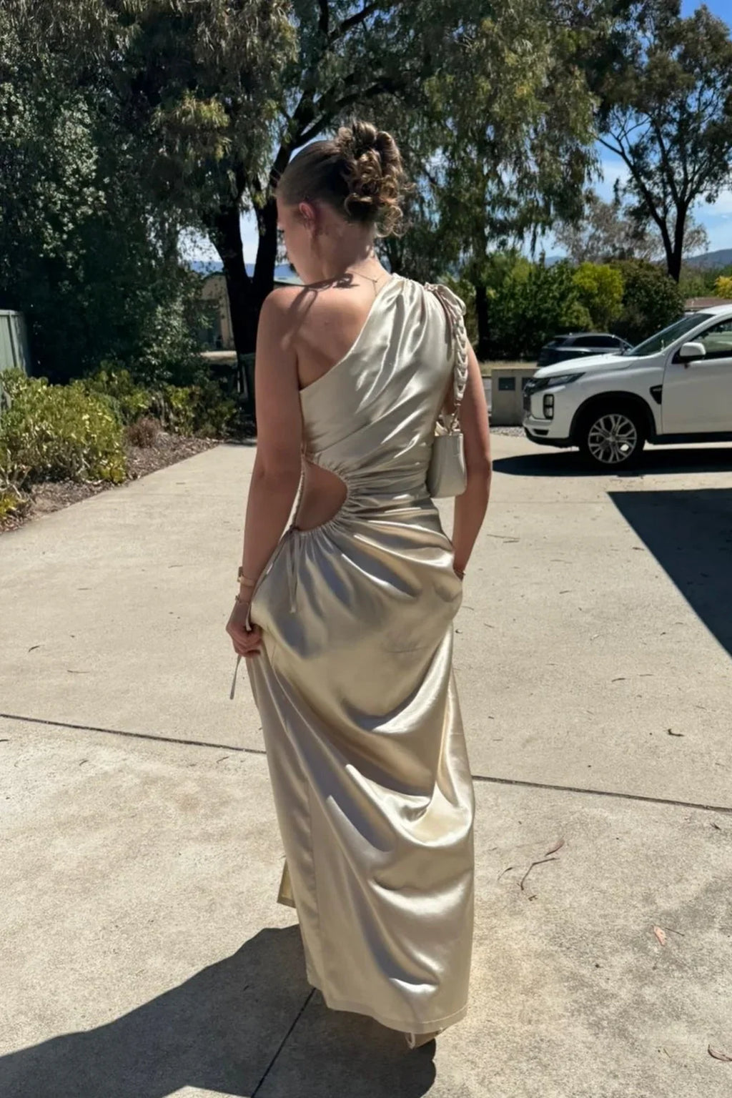 One-Shoulder Satin Cutout Floor-Length Prom Gown - Chloe Dress