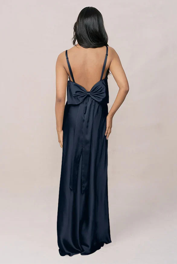 Spaghetti Strap Satin Open Back High Slit Wedding Dress - Chloe Dress