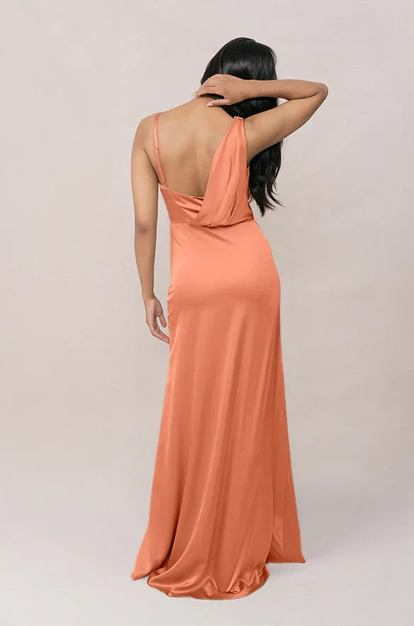 Cowl Neck Satin High Slit Wedding Dress - Chloe Dress