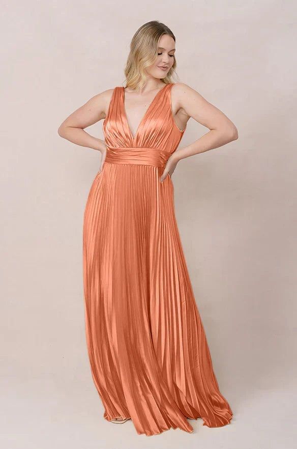 V-Neck Satin Open Back Pleated Wedding Dress - Chloe Dress