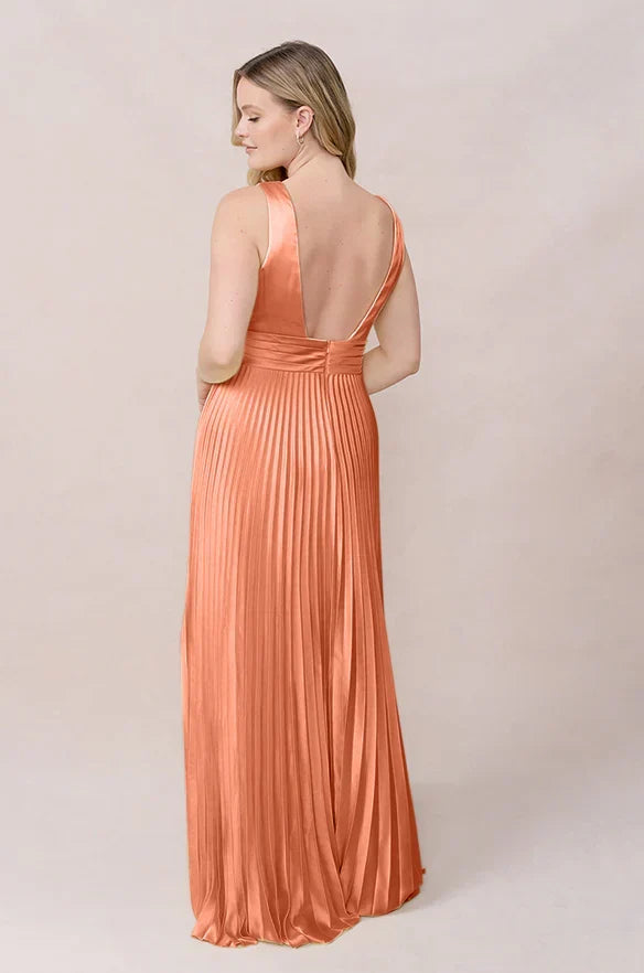 V-Neck Satin Open Back Pleated Wedding Dress - Chloe Dress