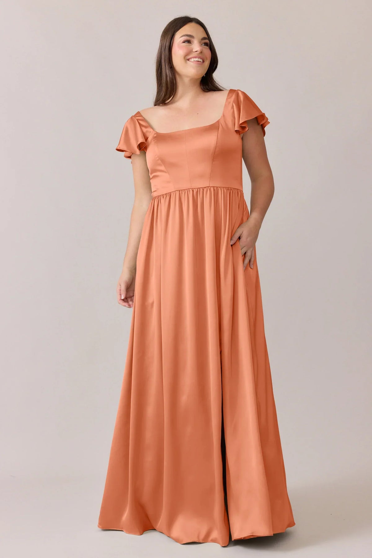 A-Line Square Neck Satin Cap Sleeve Ruffled Wedding Dress - Chloe Dress
