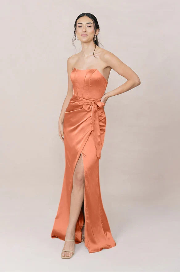 Strapless Satin Lace-Up Back High Slit Wedding Dress - Chloe Dress