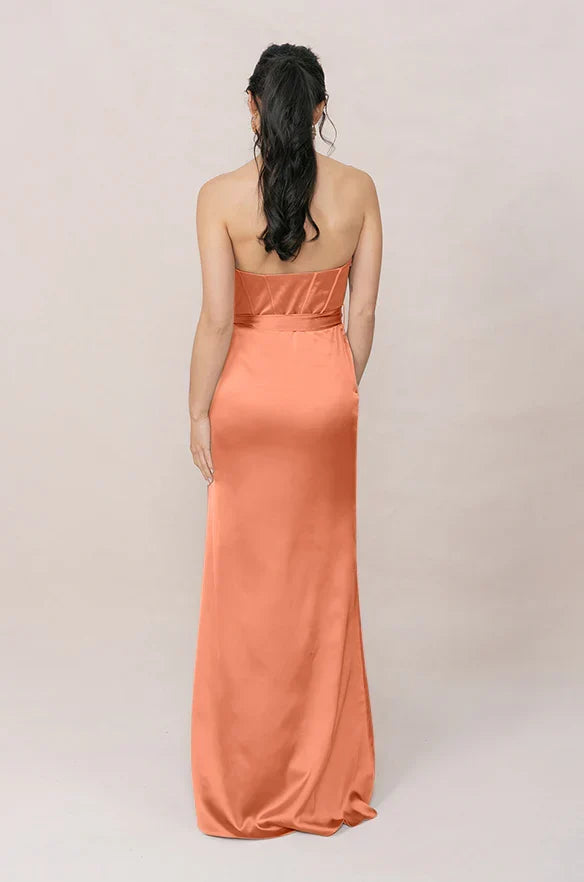 Strapless Satin Lace-Up Back High Slit Wedding Dress - Chloe Dress