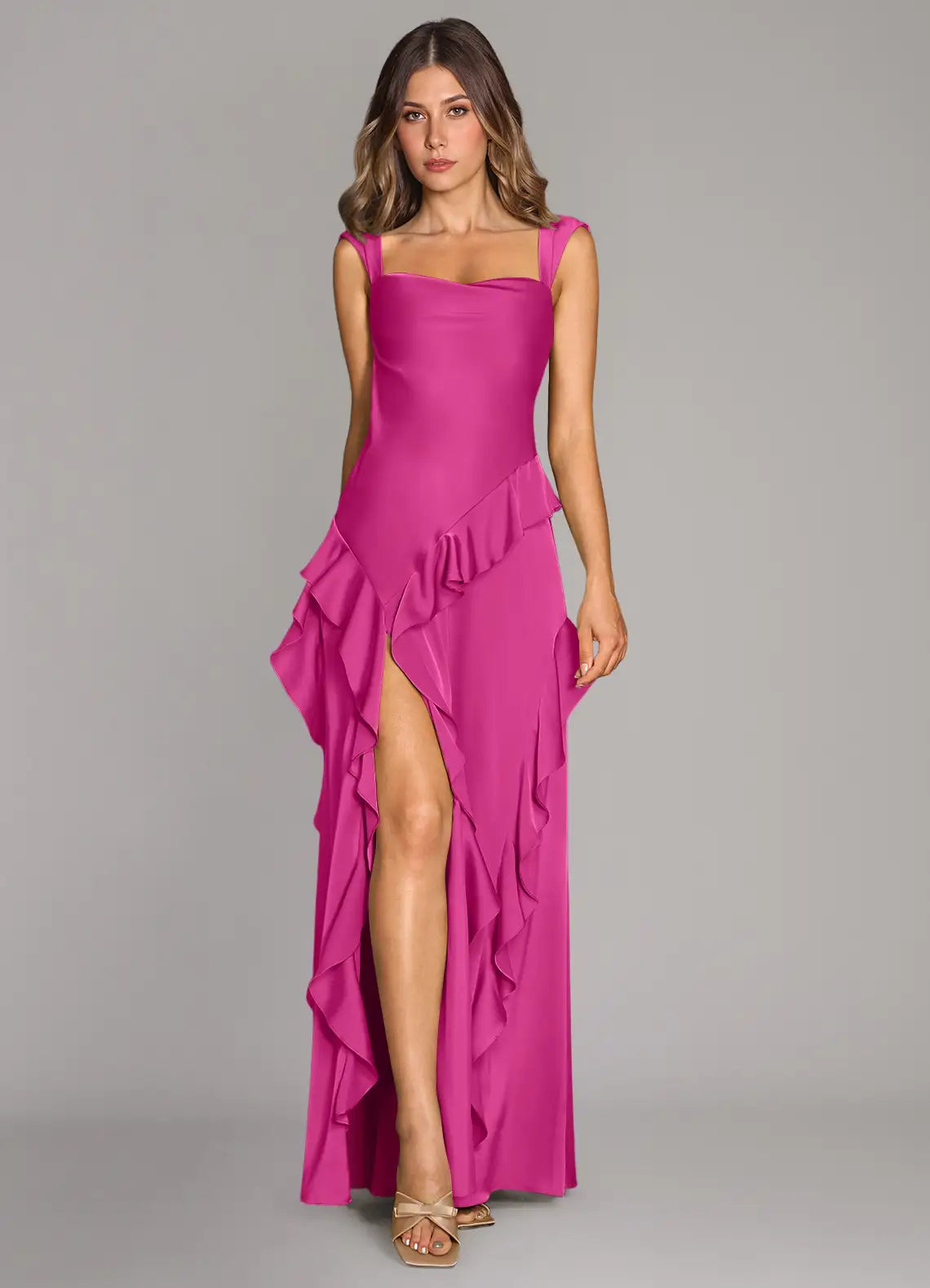 Square Neck Satin Open Back High Slit Wedding Dress - Chloe Dress