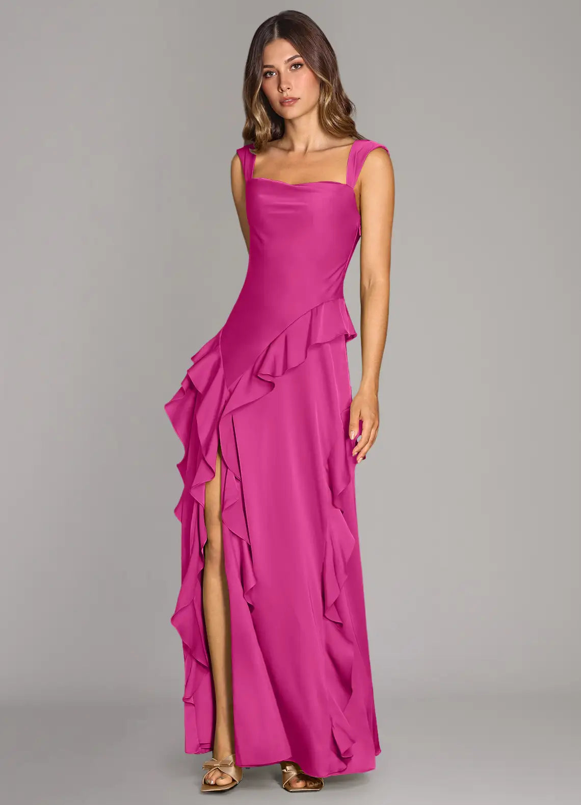Square Neck Satin Open Back High Slit Wedding Dress - Chloe Dress