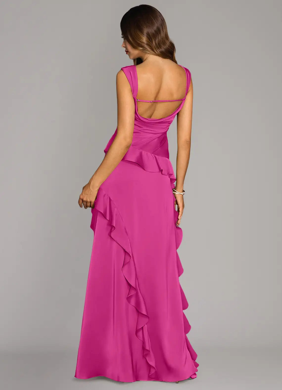 Square Neck Satin Open Back High Slit Wedding Dress - Chloe Dress