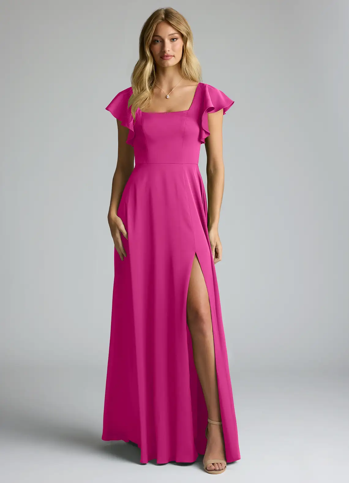 Square Neck Satin High Slit Wedding Dress - Chloe Dress