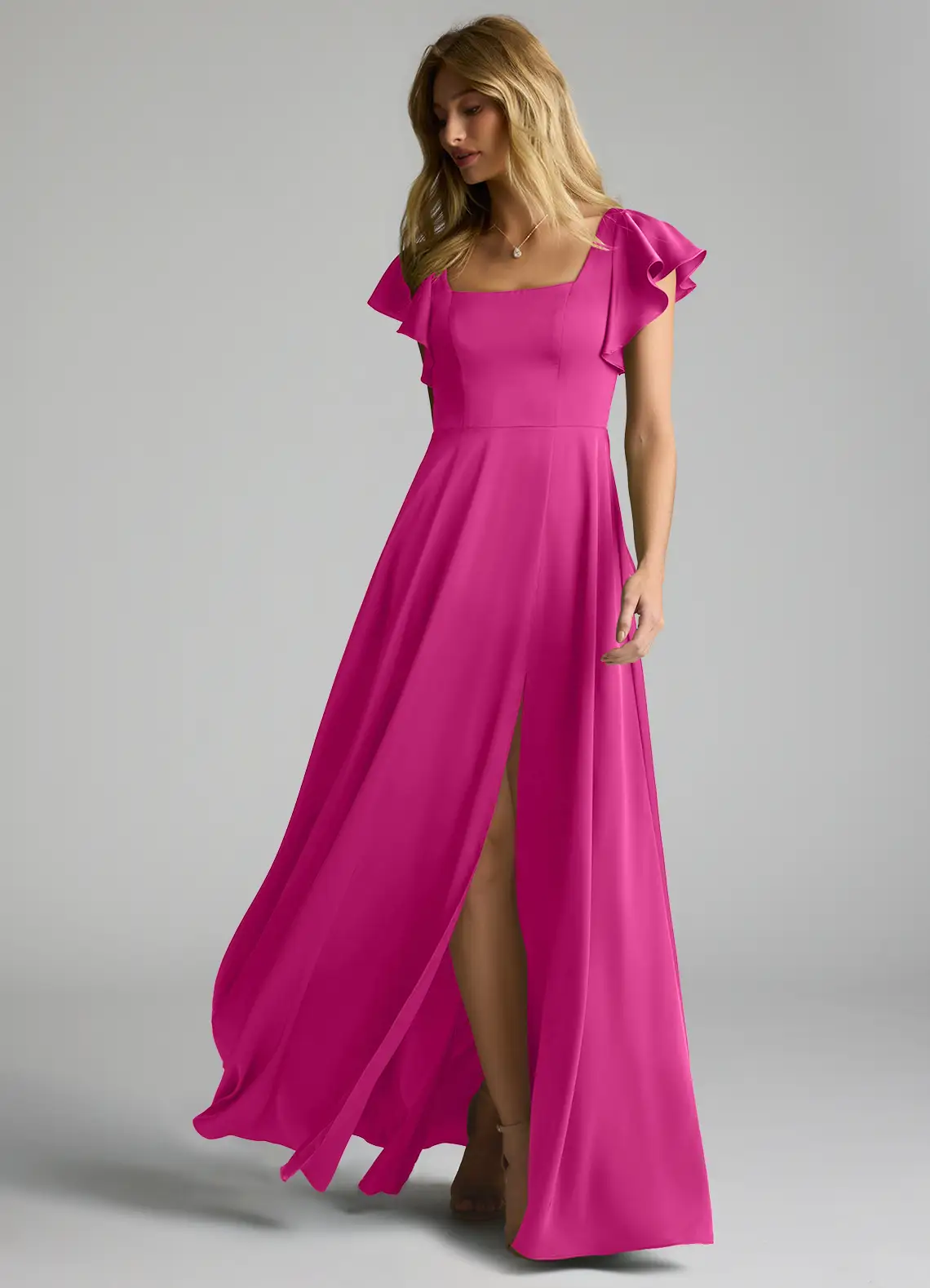 Square Neck Satin High Slit Wedding Dress - Chloe Dress