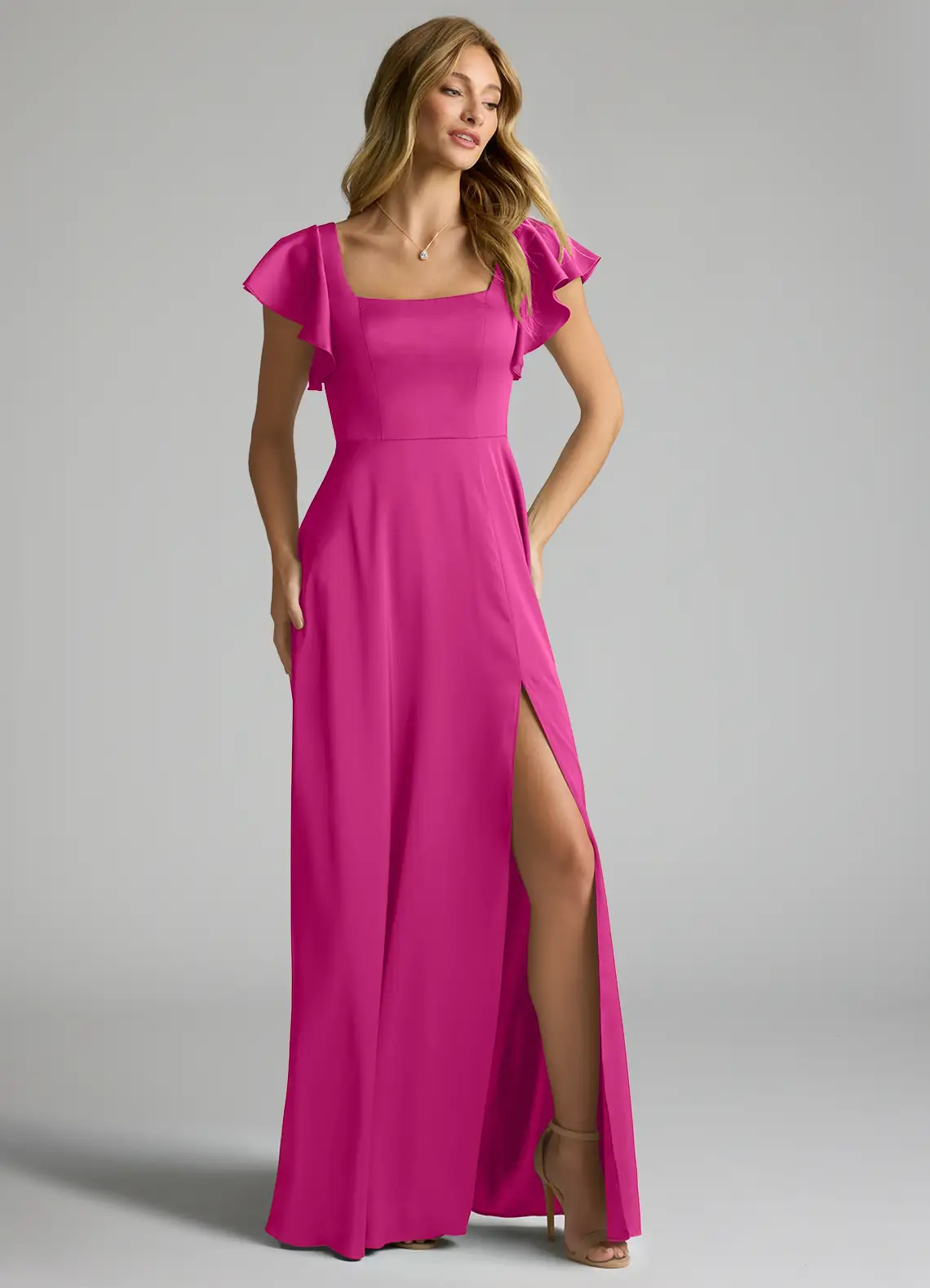 Square Neck Satin High Slit Wedding Dress - Chloe Dress