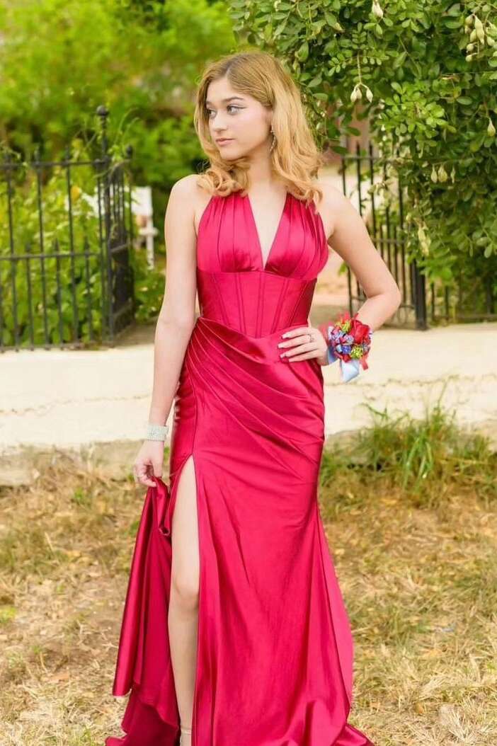 Red Mermaid Halter Satin Lace-Up Back Prom Dress - Chloe Dress
