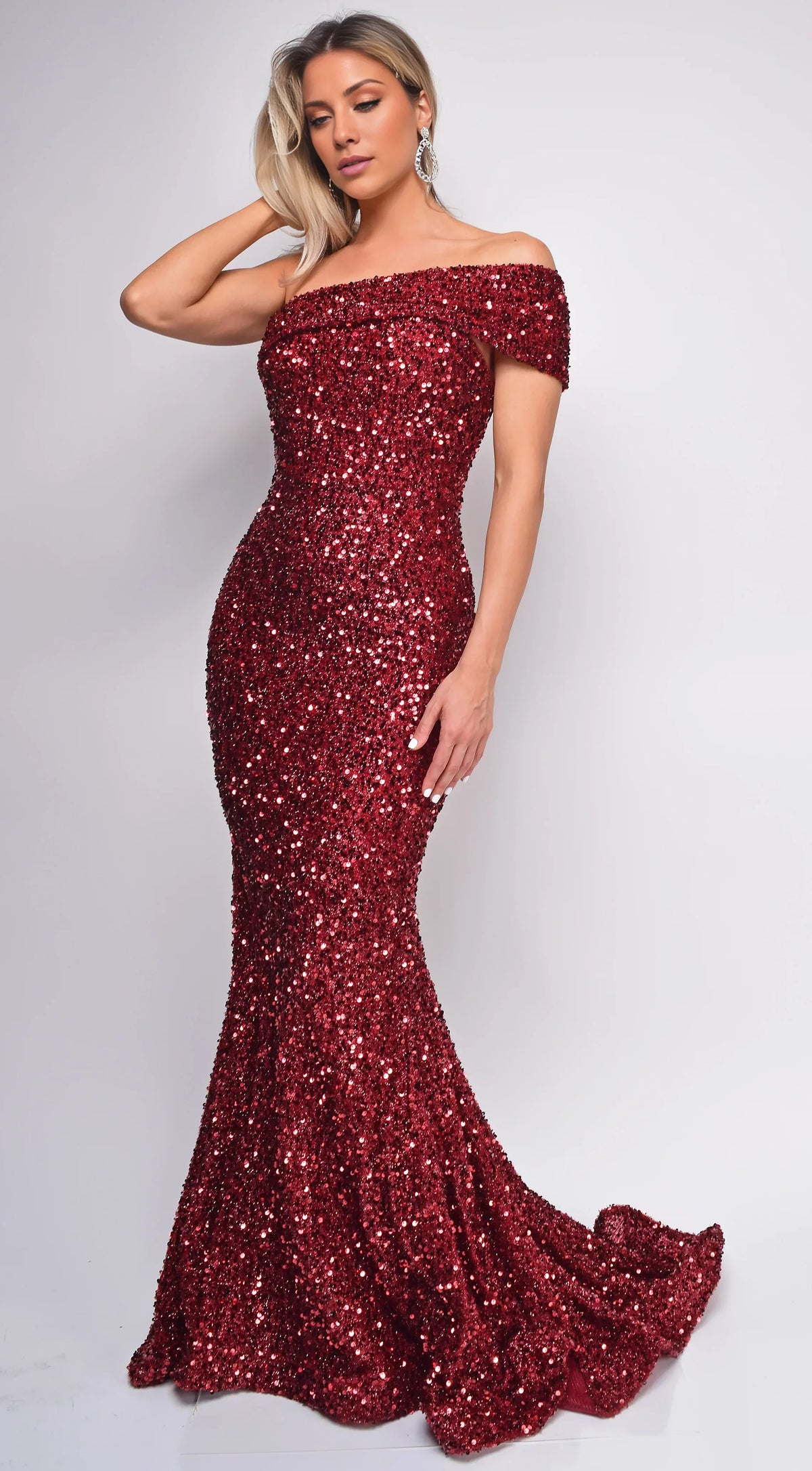 Burgundy Mermaid Sequin Train Evening Dress - Chloe Dress