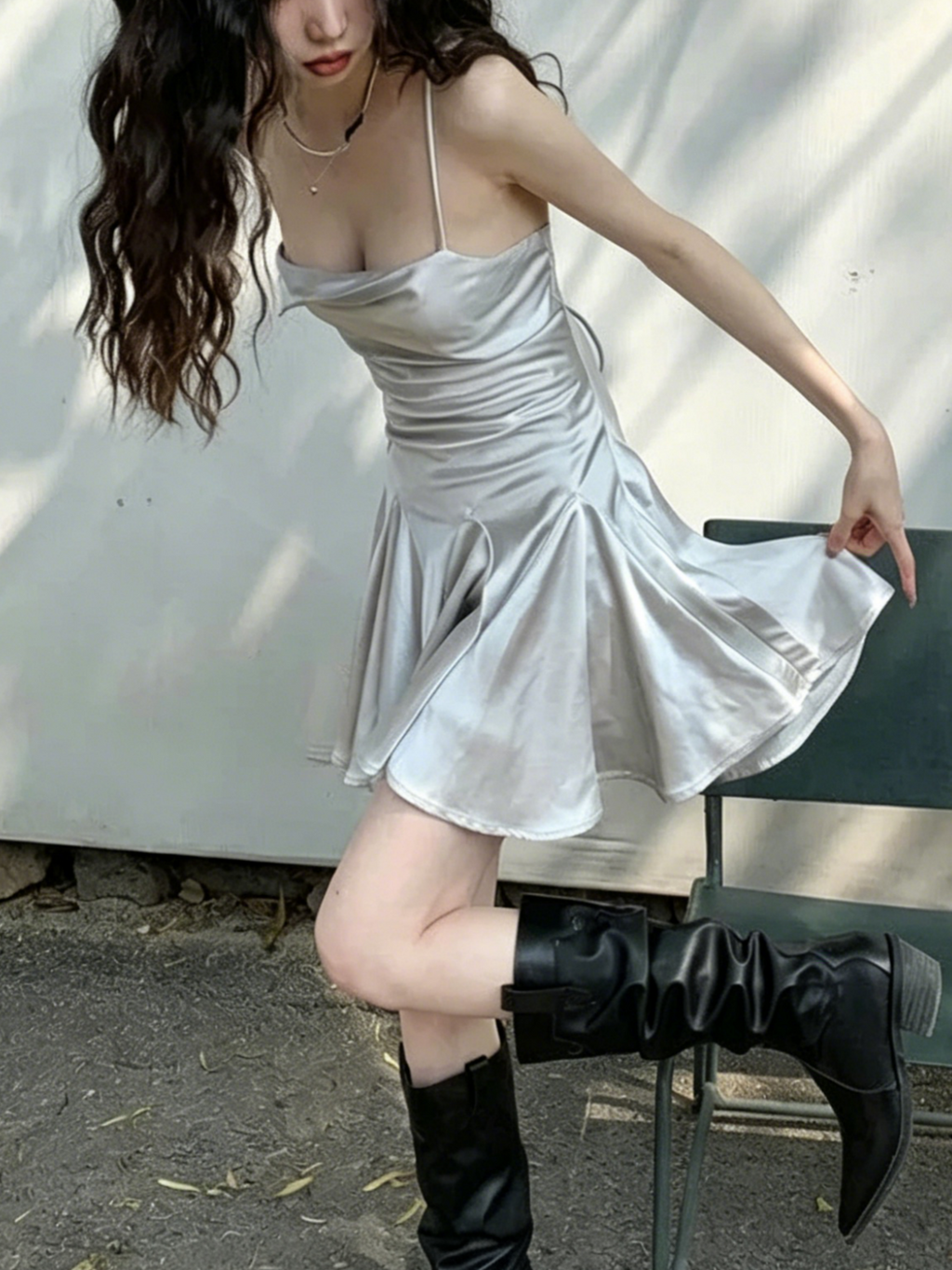 Silver Spaghetti Strap Satin Lace-Up Back Mini Homecoming Dress - Chloe Dress