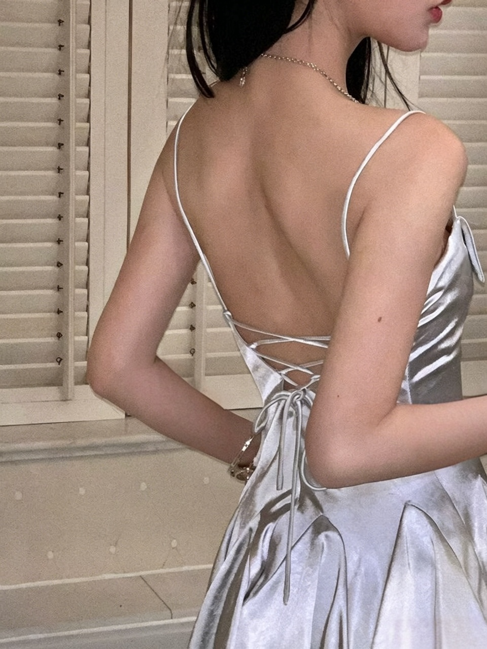 Silver Spaghetti Strap Satin Lace-Up Back Mini Homecoming Dress - Chloe Dress