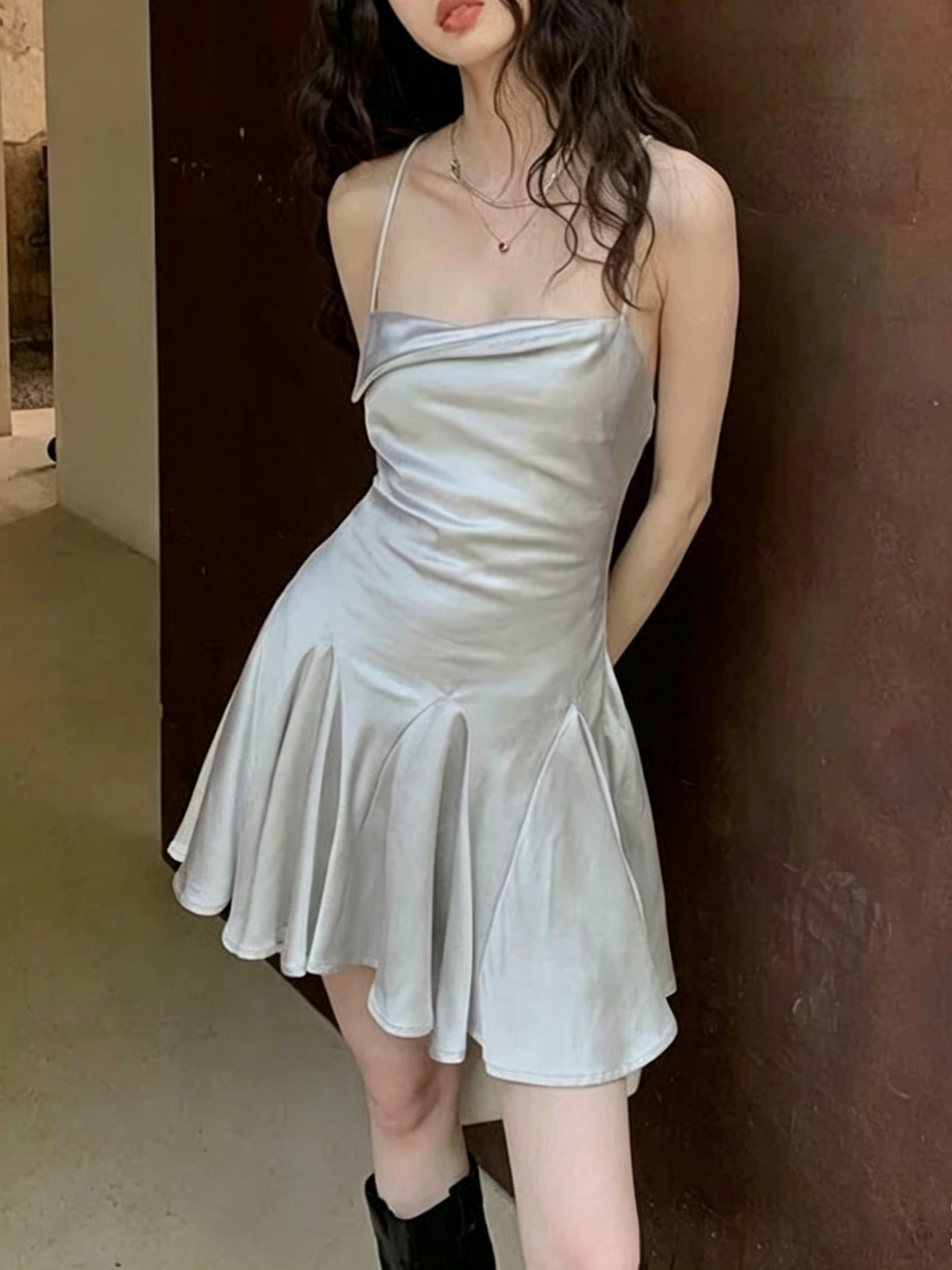 Silver Spaghetti Strap Satin Lace-Up Back Mini Homecoming Dress - Chloe Dress
