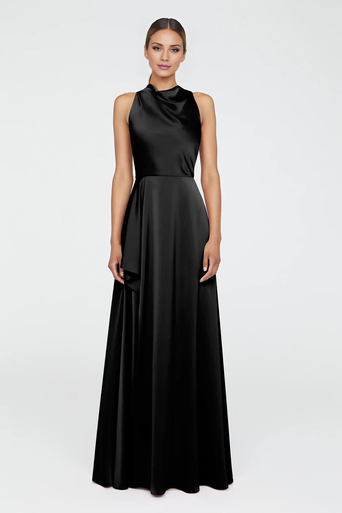 A-Line Cowl Neck Satin Sleeveless Ruffled Floor-Length Evening Dress - Chloe Dress