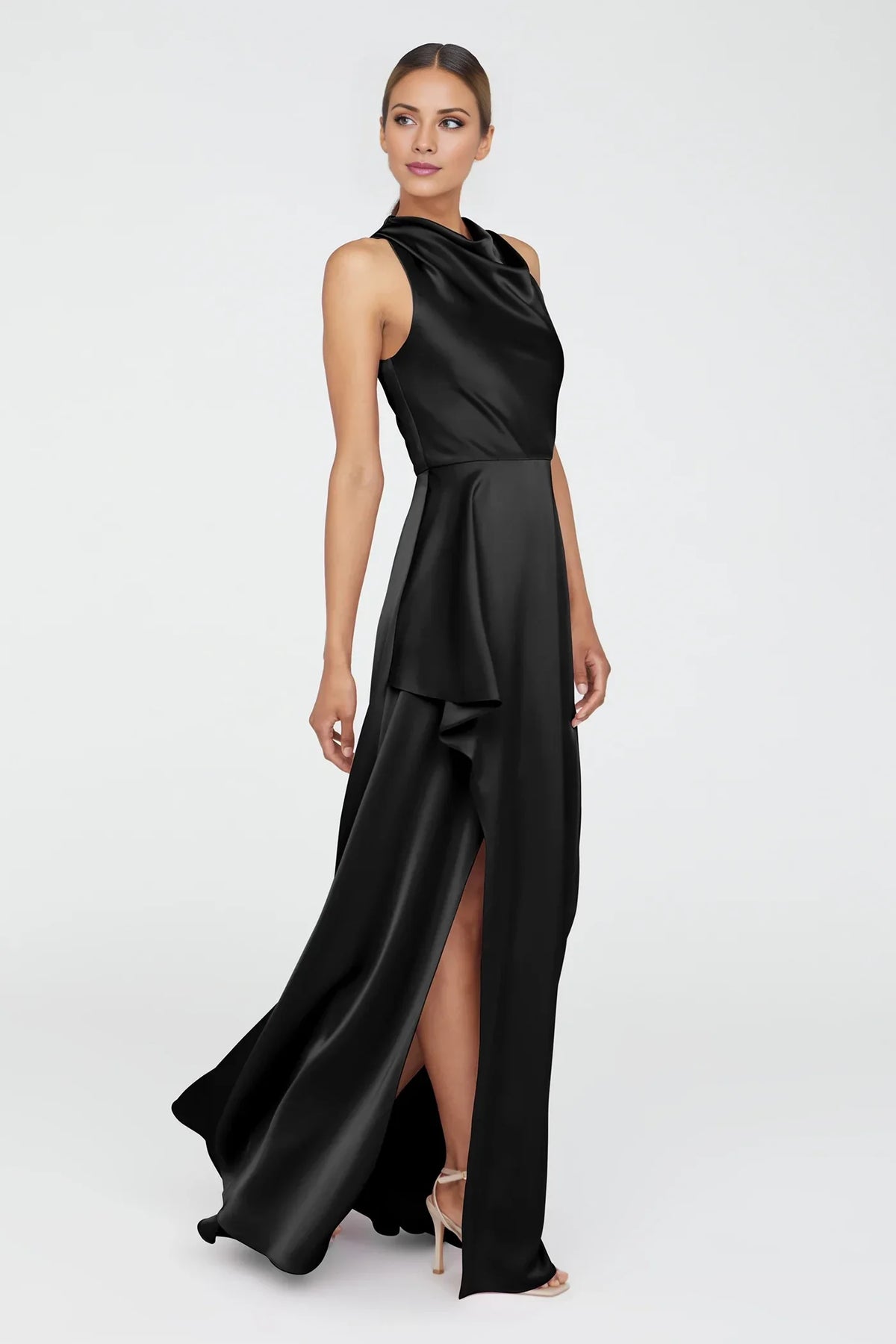 A-Line Cowl Neck Satin Sleeveless Ruffled Floor-Length Evening Dress - Chloe Dress