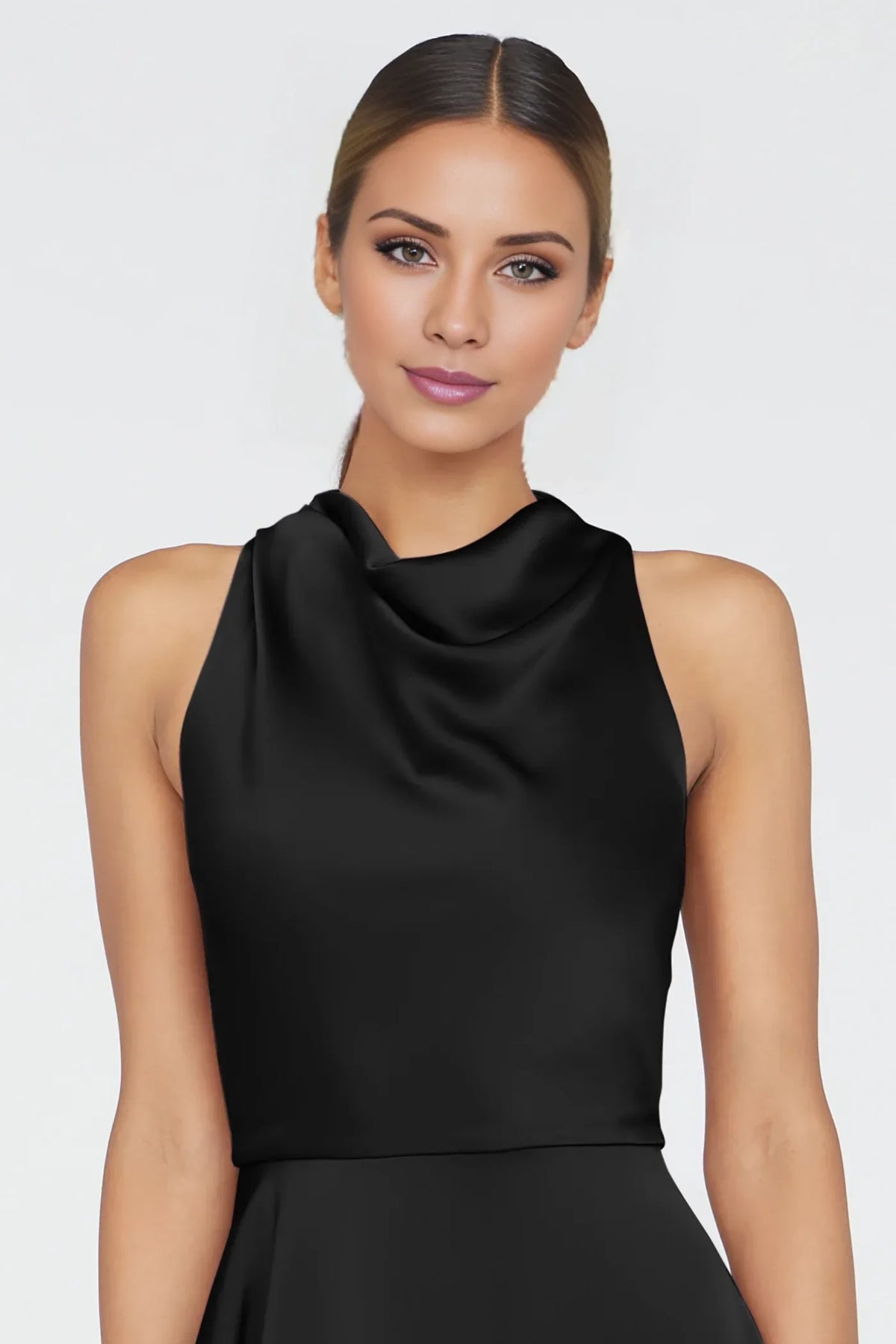 A-Line Cowl Neck Satin Sleeveless Ruffled Floor-Length Evening Dress - Chloe Dress