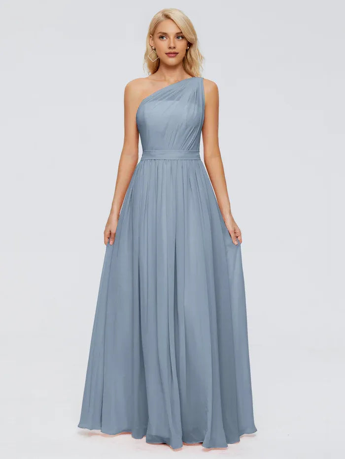 A-Line One-Shoulder Chiffon Sleeveless Pleated Floor-Length Wedding Dress - Chloe Dress