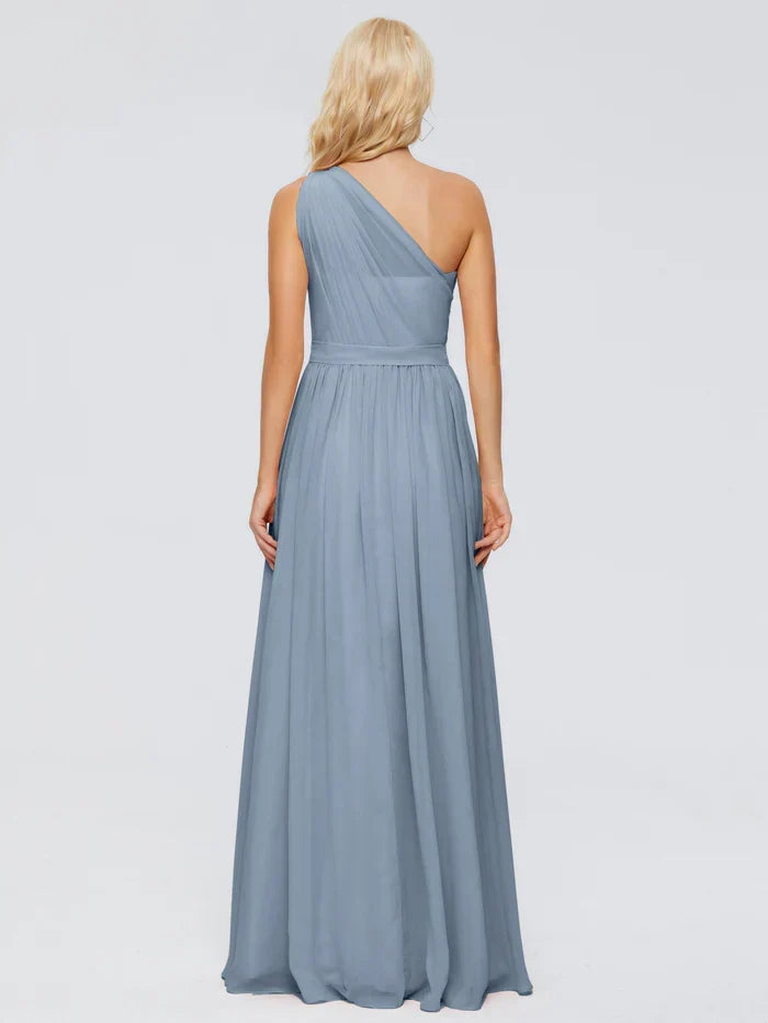 A-Line One-Shoulder Chiffon Sleeveless Pleated Floor-Length Wedding Dress - Chloe Dress