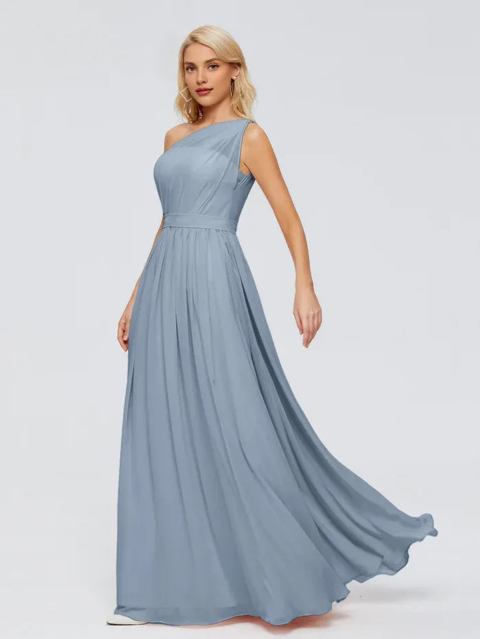 A-Line One-Shoulder Chiffon Sleeveless Pleated Floor-Length Wedding Dress - Chloe Dress