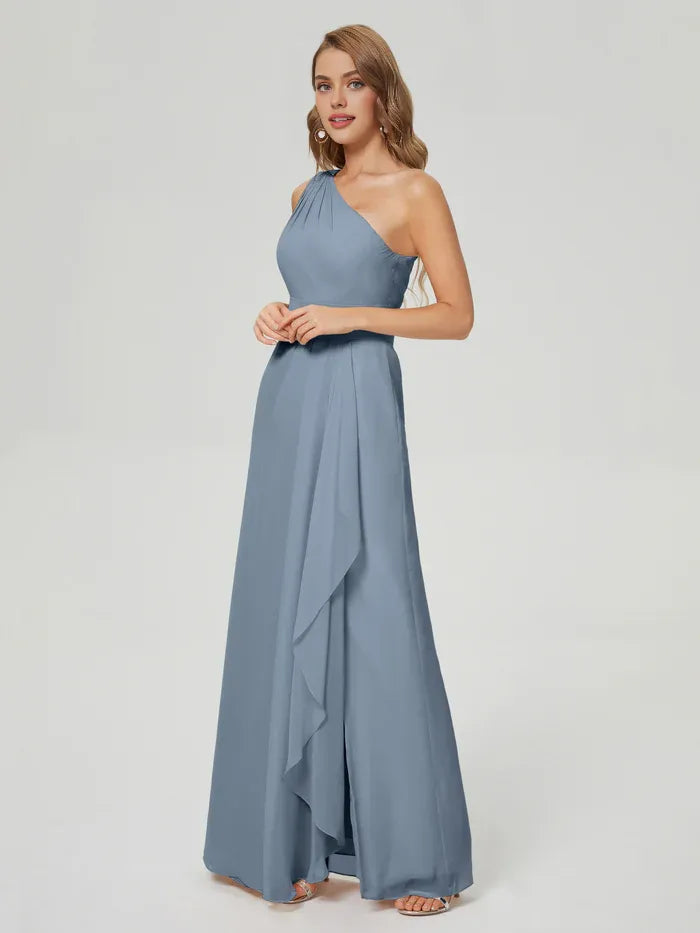 A-Line One-Shoulder Chiffon Sleeveless High Slit Floor-Length Wedding Dress - Chloe Dress