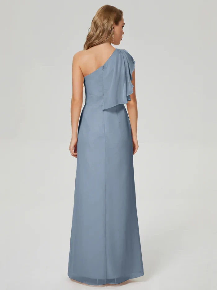 A-Line One-Shoulder Chiffon Sleeveless High Slit Floor-Length Wedding Dress - Chloe Dress