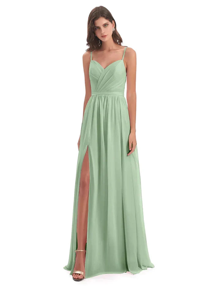 A-Line Spaghetti Strap Chiffon Sleeveless Pleated Floor-Length Wedding Dress - Chloe Dress