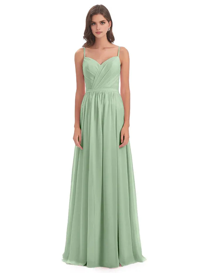A-Line Spaghetti Strap Chiffon Sleeveless Pleated Floor-Length Wedding Dress - Chloe Dress