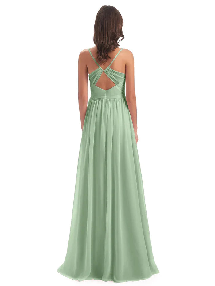 A-Line Spaghetti Strap Chiffon Sleeveless Pleated Floor-Length Wedding Dress - Chloe Dress