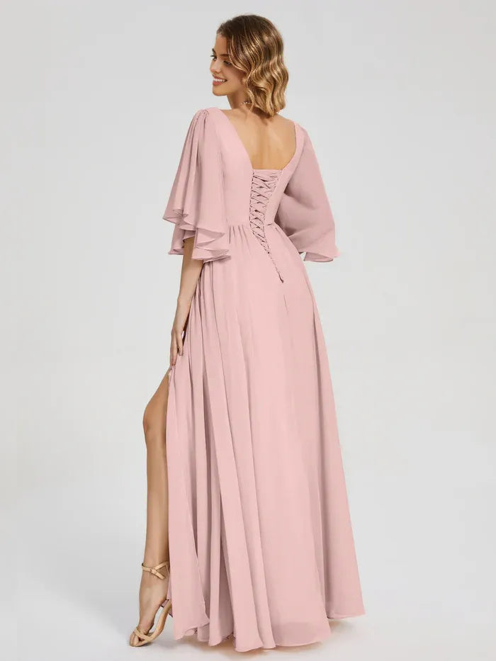 A-Line V-Neck Chiffon High Slit Floor-Length Wedding Dress - Chloe Dress