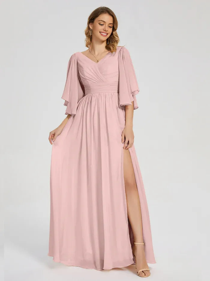 A-Line V-Neck Chiffon High Slit Floor-Length Wedding Dress - Chloe Dress