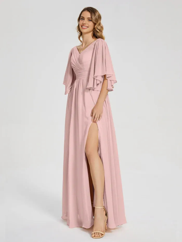 A-Line V-Neck Chiffon High Slit Floor-Length Wedding Dress - Chloe Dress