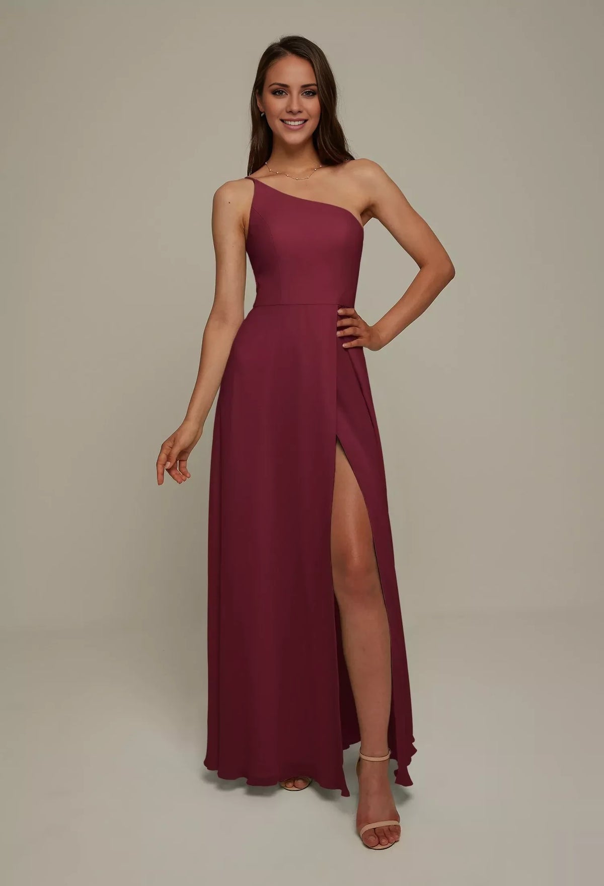 A-Line One-Shoulder Sleeveless High Slit Floor-Length Wedding Dress - Chloe Dress