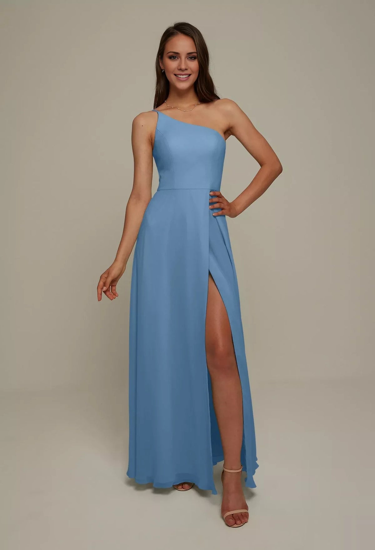 A-Line One-Shoulder Sleeveless High Slit Floor-Length Wedding Dress - Chloe Dress