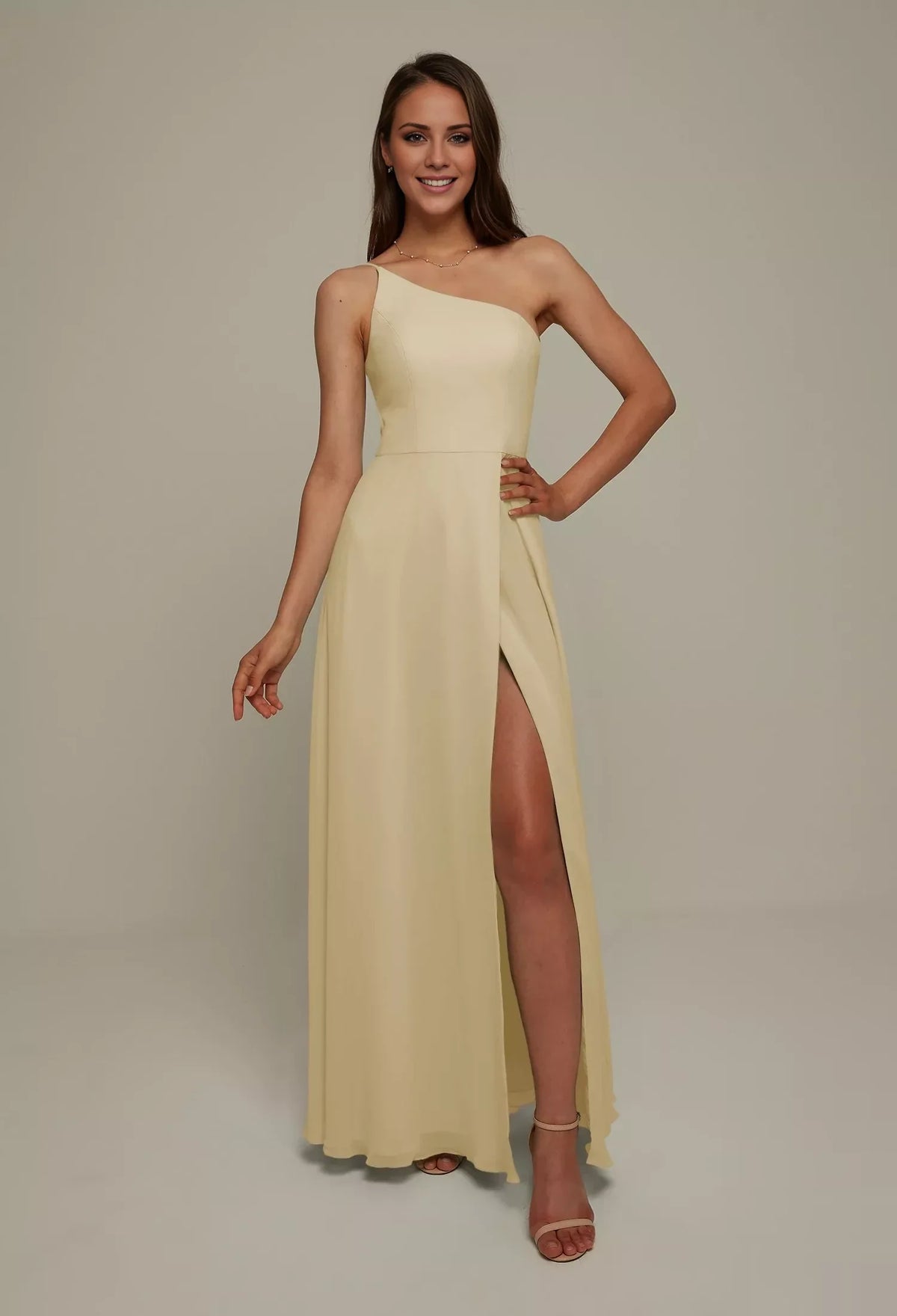A-Line One-Shoulder Sleeveless High Slit Floor-Length Wedding Dress - Chloe Dress