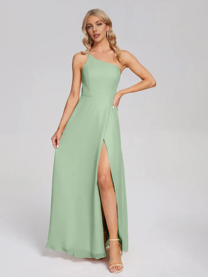 A-Line One-Shoulder Chiffon Sleeveless High Slit Floor-Length Wedding Dress - Chloe Dress